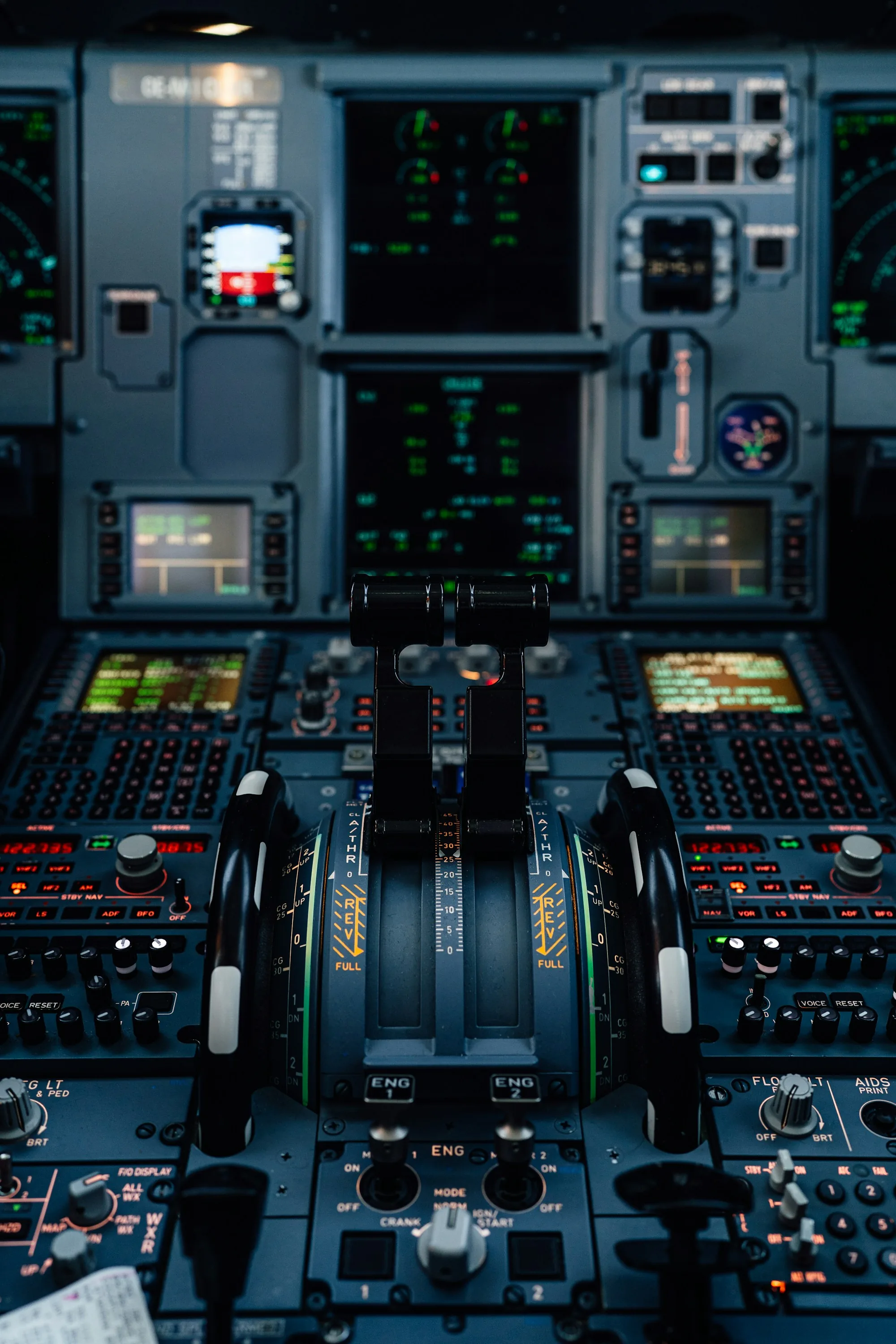 Commercial aircraft cockpit with flight instruments and controls