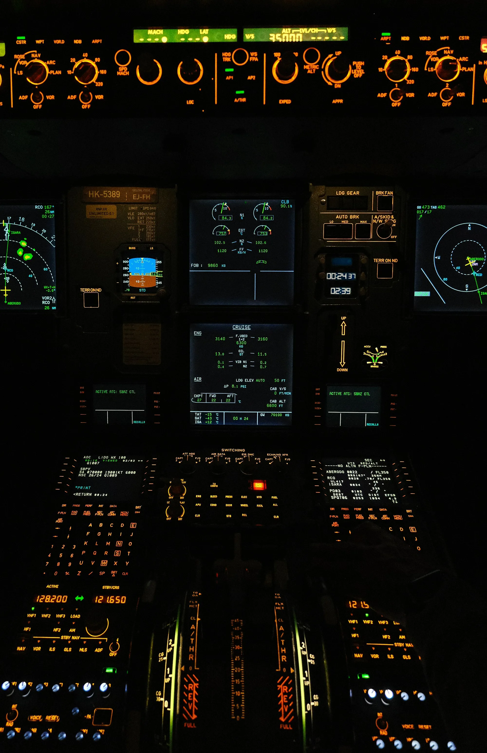 Professional flight deck with illuminated cockpit controls